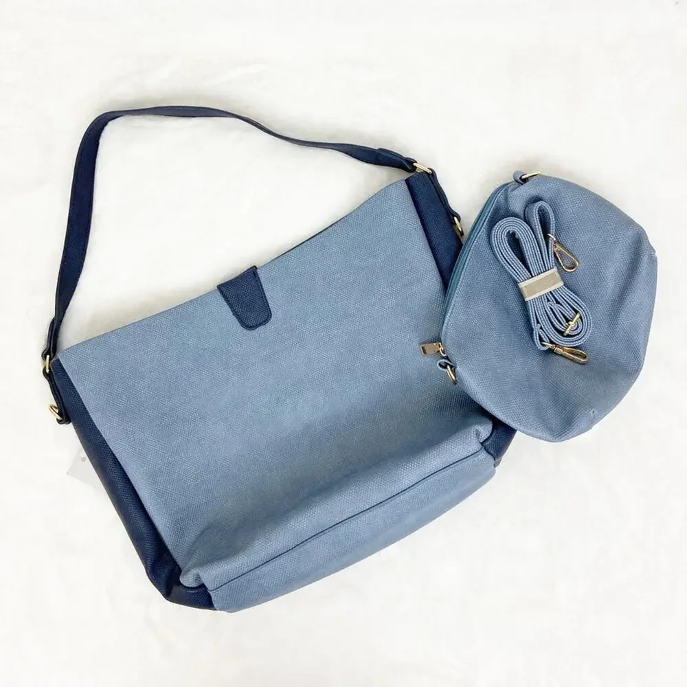 Blue Shoulder Bag Set Medium Large 11x14 w/ Detailed Strap + Matching Pouch NWT